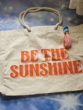Be The Sunshine Cream Tote with Coral Text and Tassel 15" X 18"